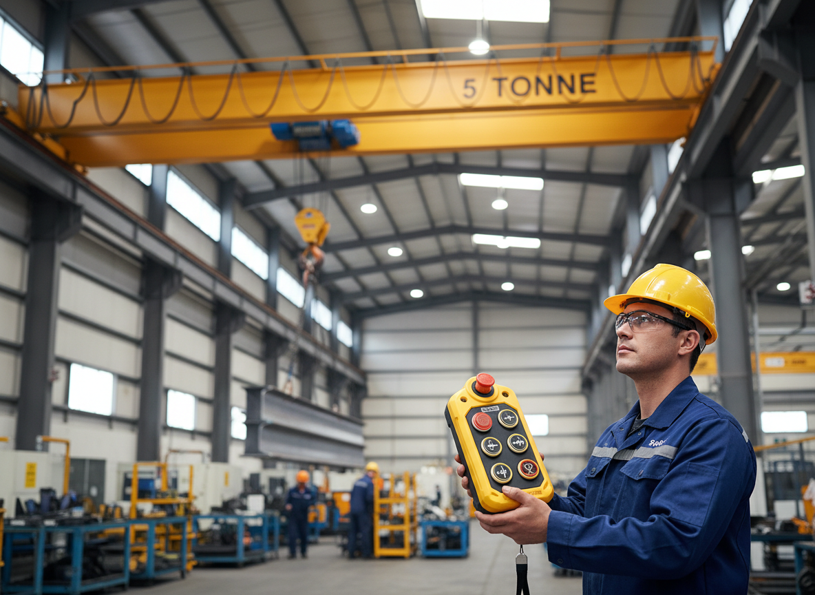 radiocommande de pont roulant jaune et noir avec 8 boutons. un opérateur en train de manipuler un pont roulant