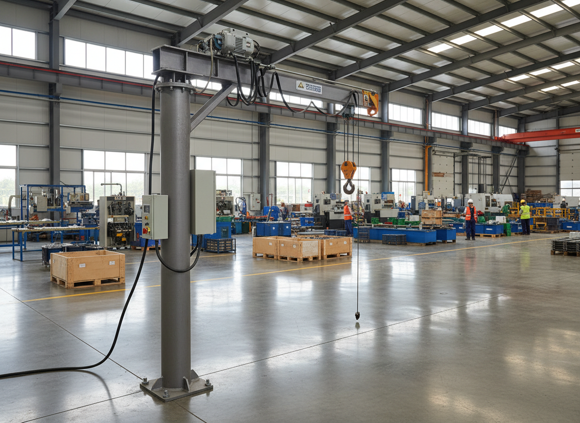 potence de levage motorisée sur fut dans une usine lumineuse