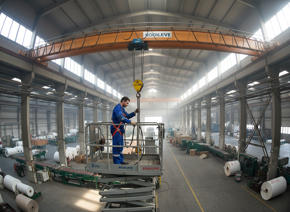 technicien qualifié en levage vient faire la maintenance préventive d'un pont roulant