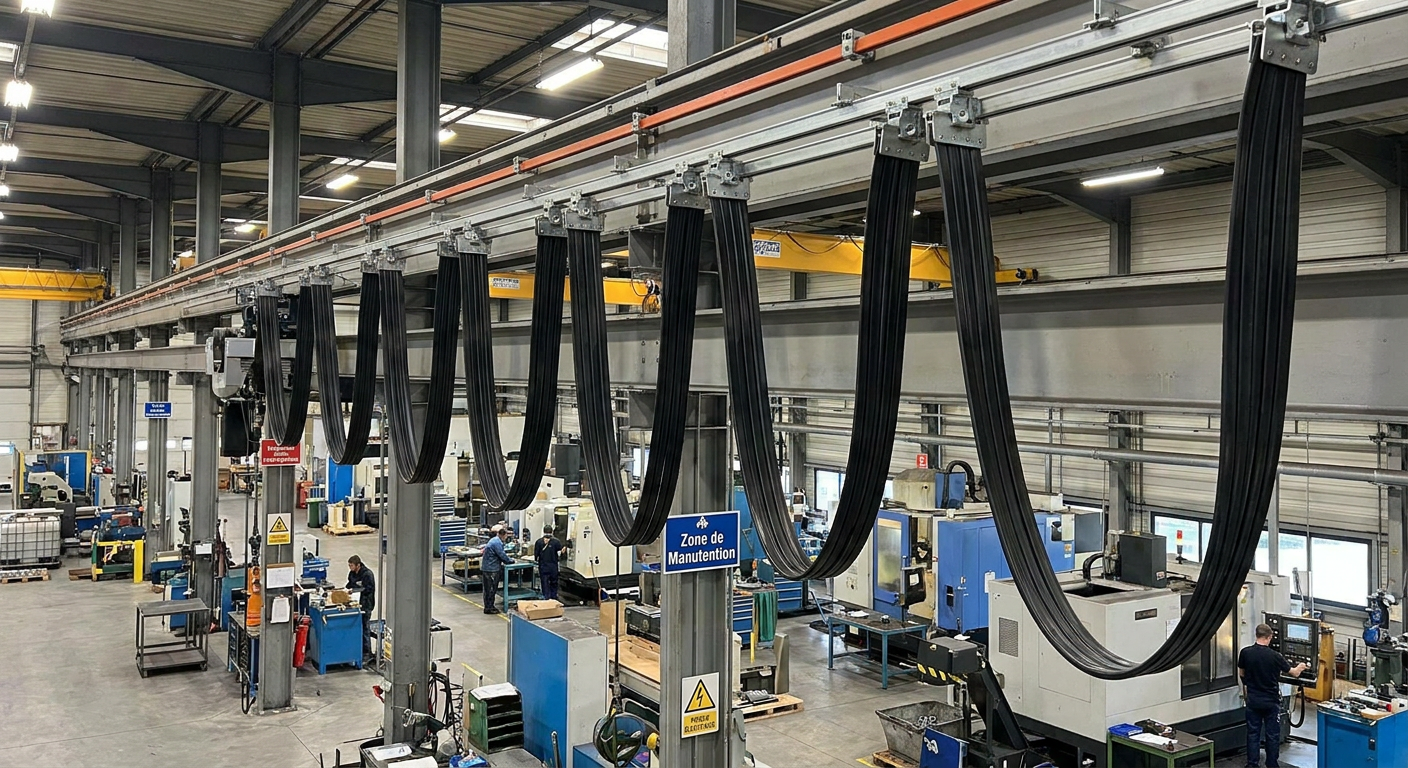 câblage guirlande d'un palan à cable électrique sur un portique dans une usine française