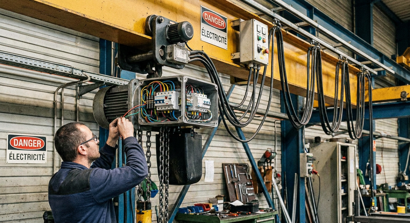 câblage d'un palan à chaine électrique sur un pont roulant dans une usine